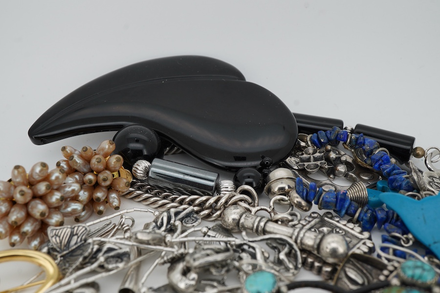A small quantity of assorted silver and costume jewellery, including a French drop brooch and necklace by Zoe Coste, a rough cut opal set necklace and a pair of silver and turquoise drop earrings by Ron Wesley
